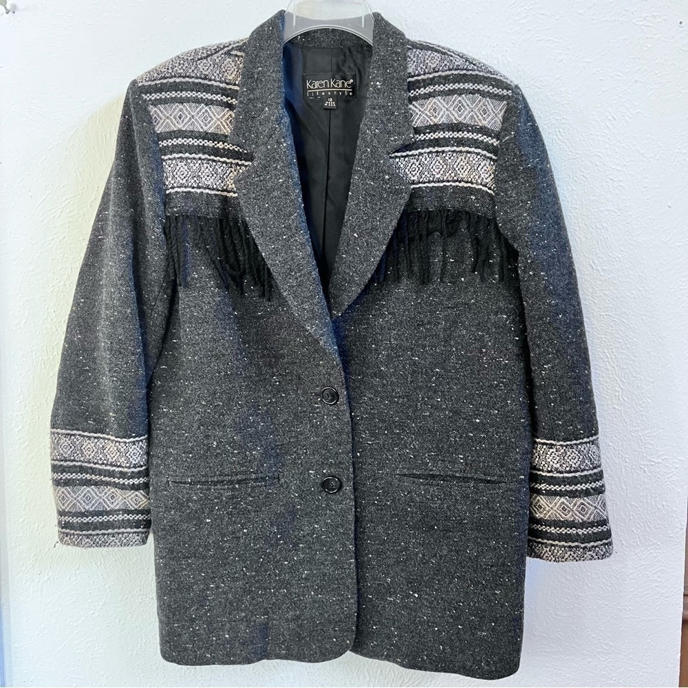 Karen Kane gray tweed black fringe coat